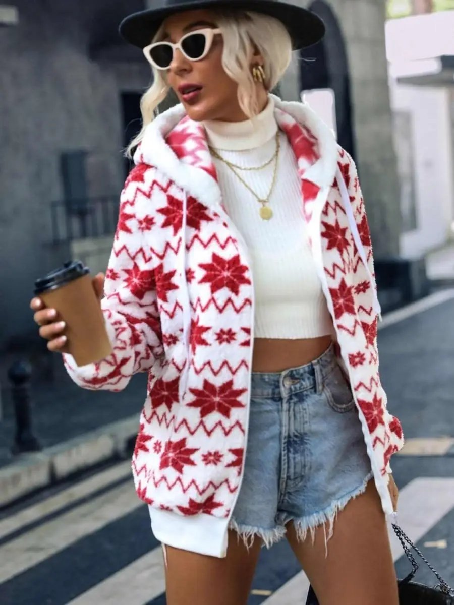 Drawstring Zip Up Hooded Teddy Outerwear - Love Salve